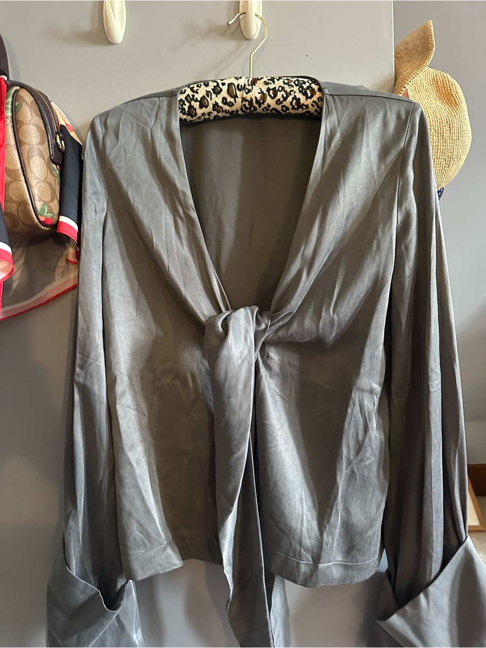 Women's Gray Satin Tie-Front Top